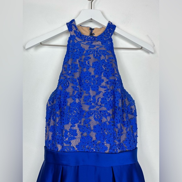 Jovani Blue Lace High Neck Lace Bodice Satin Long Dress Corset Back - Picture 2 of 16